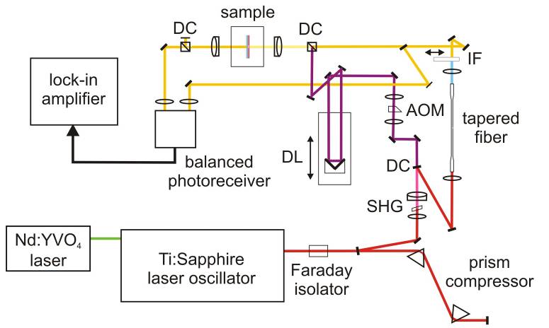 Martin Punke: High-repetition-rate white-light pumpprobe spectroscopy with a tapered fiber. The technique employs a Ti:sapphire laser oscillator TIF-50, Del Mar Ventures, San Diego (current model name Trestles 50).